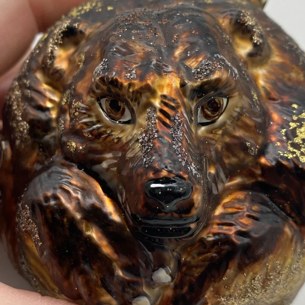 Slavic Treasures Brown bear blown glass Christmas tree ornament glitter Grizzly‎